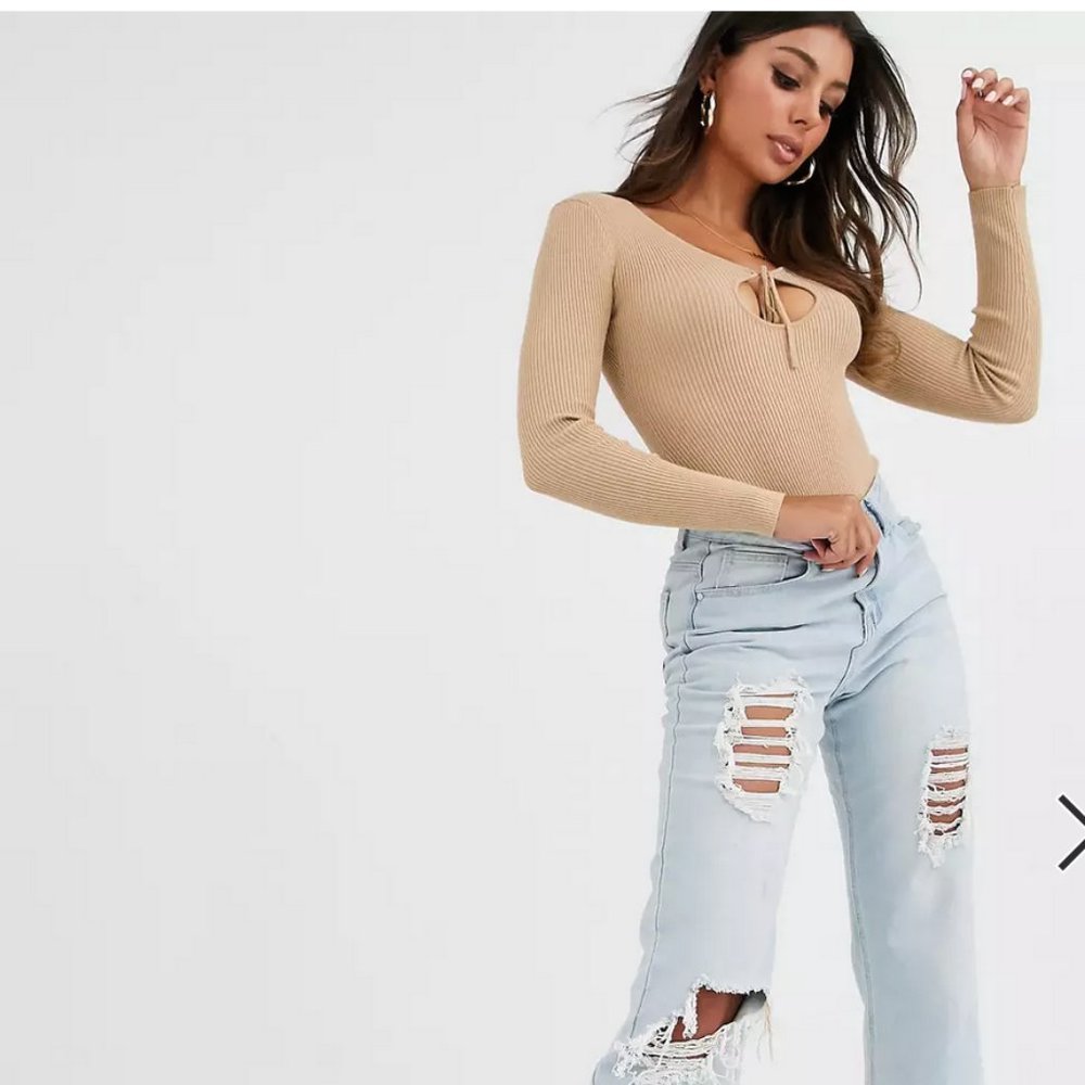 Missguided Knitted bodysuit Shirt/Sweater with keyhole and tie in camel